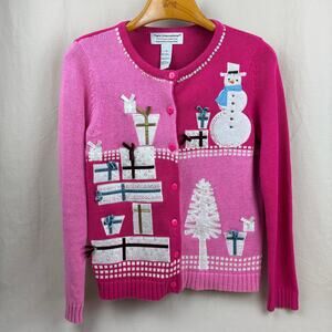 Pink Color Block Button Up Christmas Holiday Party Sweater Women's Small